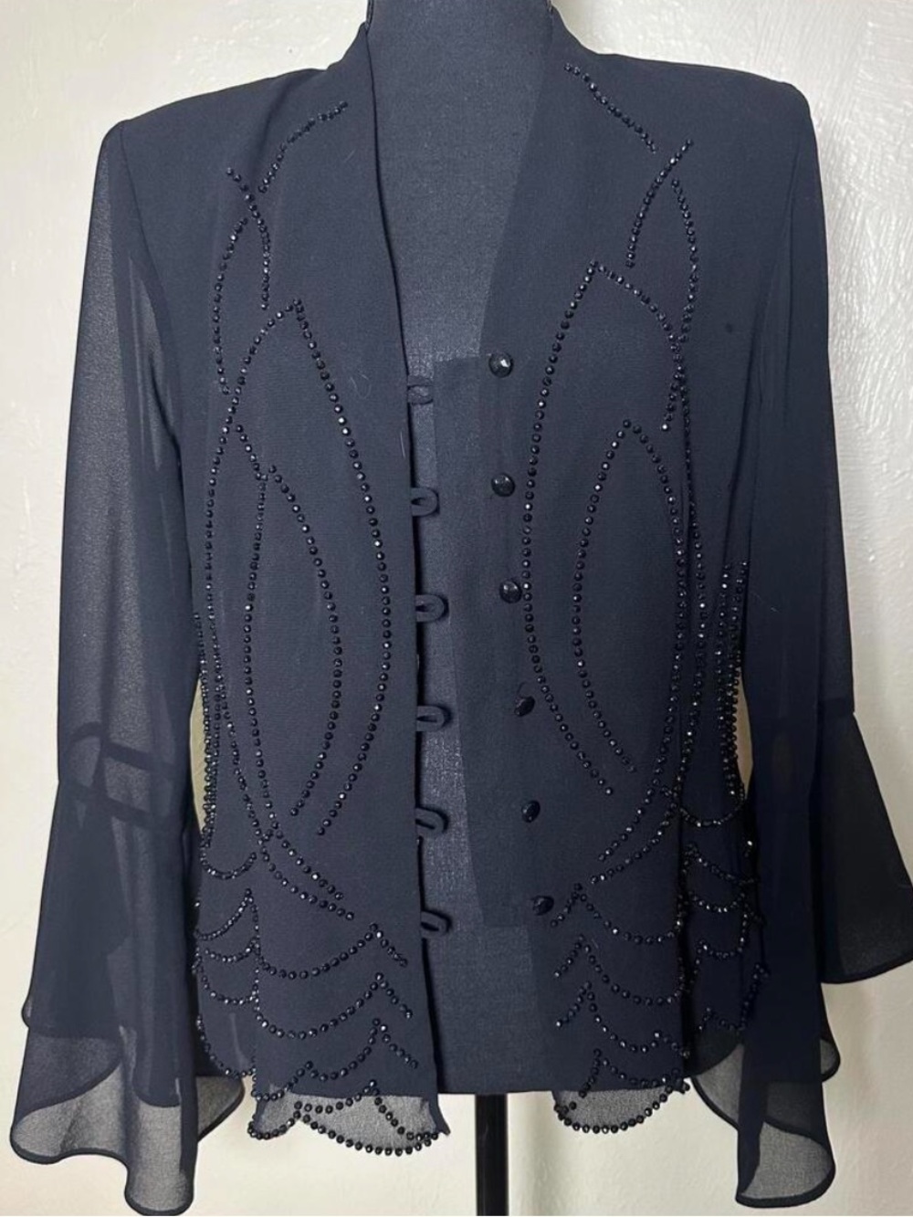VTG J R Nites by Caliendo Top 12 Black blouse Beaded Sheer Whimsigoth Witchy USA